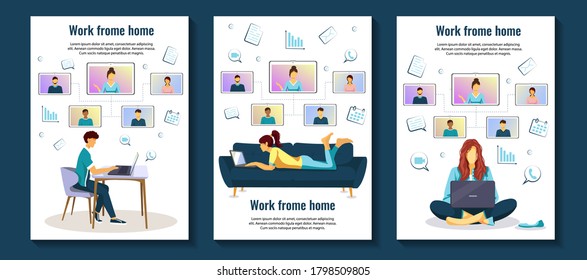 Set of flyer design with people working from home. Distance working and learning, online meeting, video conferencing, communication concept.  A4 vector illustration for flyer, banner and poster.