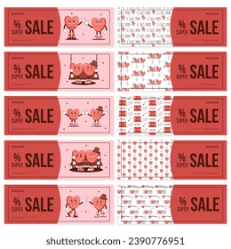 Set of flyer design for Retro Happy Valentines Day with Groovy lovely cartoon characters Heart and elements. Love concept for poster, advertising.Trendy retro 60s 70s style. Red, pink colors. Vector