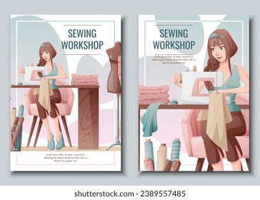 Set of Flyer design with seamstress. Banner poster with a girl creating clothes on a sewing machine. Work in a sewing workshop, atelier, tailoring courses.