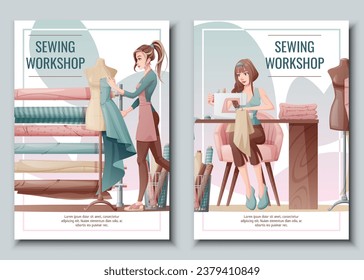 Set of Flyer design with a seamstress working on a sewing machine. Banner, poster with a girl creating clothes on a mannequin. Work in a sewing workshop, atelier, tailoring courses.