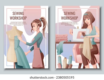 Set of Flyer design with a seamstress working on a sewing machine Banner poster with a girl creating clothes on a mannequin. Work in a sewing workshop, atelier, tailoring courses.