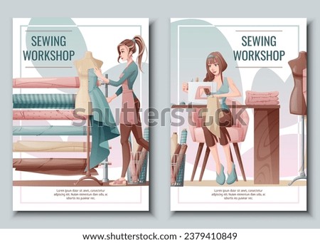 Set of Flyer design with a seamstress working on a sewing machine. Banner, poster with a girl creating clothes on a mannequin. Work in a sewing workshop, atelier, tailoring courses.