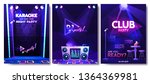 A set of flyer design template for party in a nightclub. Karaoke and dj night show. With vector cartoon illustration of cocktails on table and disco ball on dance floor 