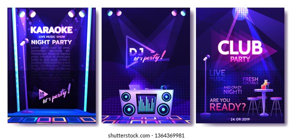 A set of flyer design template for party in a nightclub. Karaoke and dj night show. With vector cartoon illustration of cocktails on table and disco ball on dance floor 