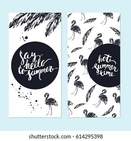 Set of flyer design templates with palms, flamingos and lettering. Hot summer time, say hello.