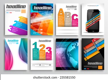 Conjunto de diseño de volante, plantillas Web. Diseños de folletos, fondos tecnológicos. Tecnologías móviles, infografía y estadísticas de Conceptos y aplicaciones cubre.