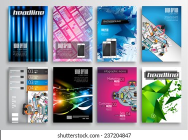 Set of Flyer Design, Web Templates. Brochure Designs, Technology Backgrounds. Mobile Technologies, Infographic  ans statistic Concepts and Applications covers.