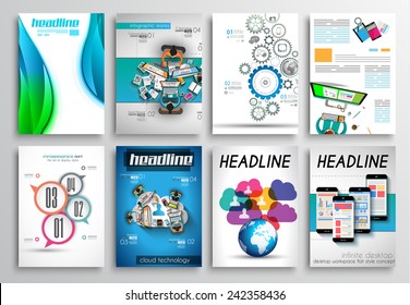 Set of Flyer Design, Web Templates. Brochure Designs, Technology Backgrounds. Mobile Technologies, Infographic  ans statistic Concepts and Applications covers.