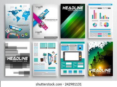 Set of Flyer Design, Web Templates. Brochure Designs, Technology Backgrounds. Mobile Technologies, Infographic  ans statistic Concepts and Applications covers.