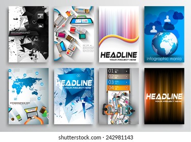 Set of Flyer Design, Web Templates. Brochure Designs, Technology Backgrounds. Mobile Technologies, Infographic  ans statistic Concepts and Applications covers.