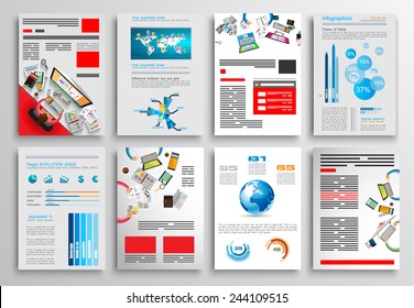 Conjunto de diseño de volante, Plantillas Web. Diseño de folleto, fondos tecnológicos. Tecnologías móviles, Infografía y las estadísticas Conceptos y aplicaciones cubre.