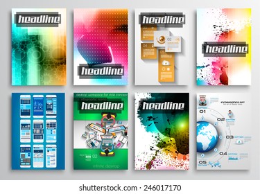 Conjunto de diseño de volante, Plantillas Web. Diseño de folleto, fondos tecnológicos. Tecnologías móviles, Infografía y las estadísticas Conceptos y aplicaciones cubre.