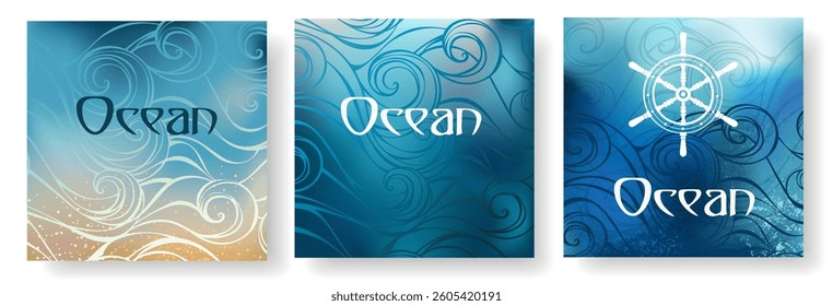 Set of flyer designs with wave, sea background.