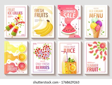 Set Of Flyer With Fresh Fruits And Berries. Watermelon, Orange, Grapefruit, Lemon, Bananas, Fruit Juice, Ice Lollies, Ice Cream Cone. Vector Illustration For Summer Sale, Menu, Poster, Banner, Flyer.