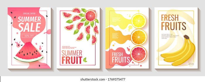 Set of Flyer with fresh fruits. Watermelon, Orange, Grapefruit, Lemon, Bananas. A4 Vector illustration for summer sale, menu, poster, banner, flyer.