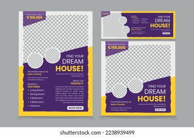 Juego de Flyer Instagram Post y plantilla de cubierta de Facebook para Inmobiliaria, Banner Template Design para agente inmobiliario, plaza de correo y portada de pancartas vectoriales eps 10