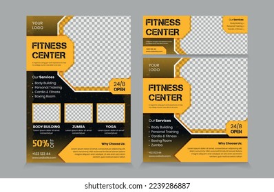 Set of Flyer Instagram Post and Facebook Cover template for Gym and fitness business, Banner Template Design for fitness, square post and cover banner vector eps 10