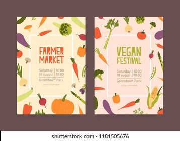 Set of flyer or invitation templates for farmer market and vegan food festival with frames made of fresh ripe vegetables and place for text. Colorful modern vector illustration for event announcement.