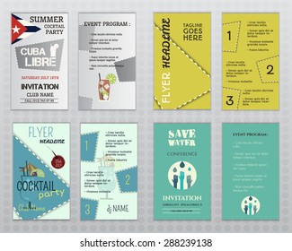 Set of flyer layout templates. Cocktail party, business, save water concepts. Easy to customize. Stylish party brochure, poster collection. Isolated on halftone grey background. Vector illustration