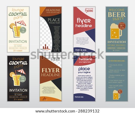 Set of flyer layout templates. Cocktail lounge party, business management consulting, france 2016, beer party concepts. Easy to customize. Isolated on grey background. Vector illustration