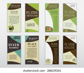 Set of flyer layout templates. Organic, farm fresh, rv, holiday park, coffee concepts. Camping and nature brochure, poster elements. Easy to customize. Isolated on grey background. Vector illustration