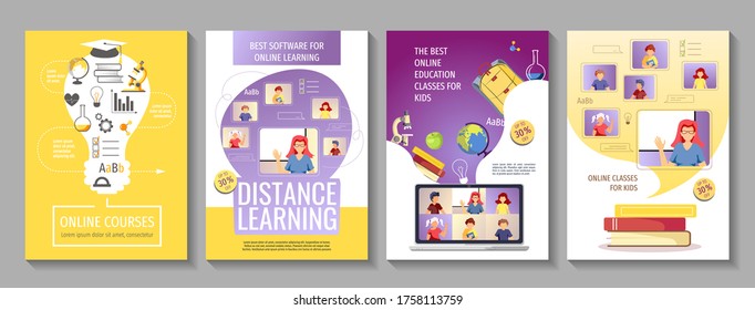 Set Of Flyer For Online Education, Distance Learning, Courses, Teaching, Studying, School. A4 Vector Illustrations For Poster, Banner, Advertising, Flyer.