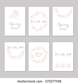 Set of flyer pages, layout of the save the date postcards and spring time c painted flowers, cards with pink hand drawing roses, vector