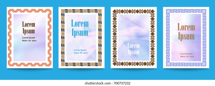 Set of flyer pages ornament with geometric frames. Vintage art traditional, vector elements for retro design. Vector decorative retro greeting card or invitation