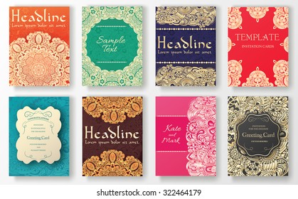 Set of flyer pages ornament illustration concept. Vintage art traditional, Islam, arabic, indian, ottoman motifs, elements. Vector decorative retro greeting card or invitation design.