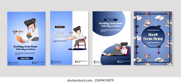 Conjunto de folhetos com pessoas que trabalham em casa ou estudam aprendizagem. Home office, conceito de e learning, freelance, microstocker, trabalho on-line. Ilustrações vetoriais A4 para banner, cartaz, capa, folheto