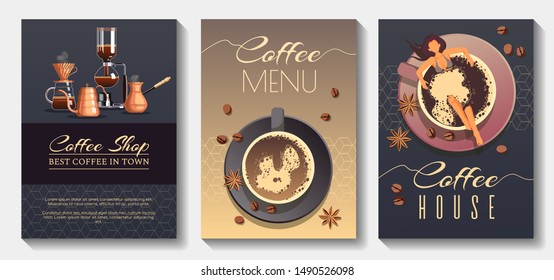 Set of Flyer, poster, banner, brochure design templates for coffee, cafe bar, restaurant menu, coffee shop and coffee house. 