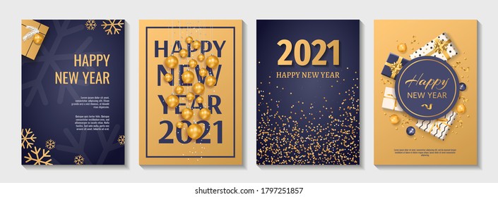 Set of Flyer, poster, banner, brochure design templates for Happy new year 2021. Blue and gold collors. Christmas balls, abstract christmas tree, snowflakes, gift boxes. Perfect for invitation, card.