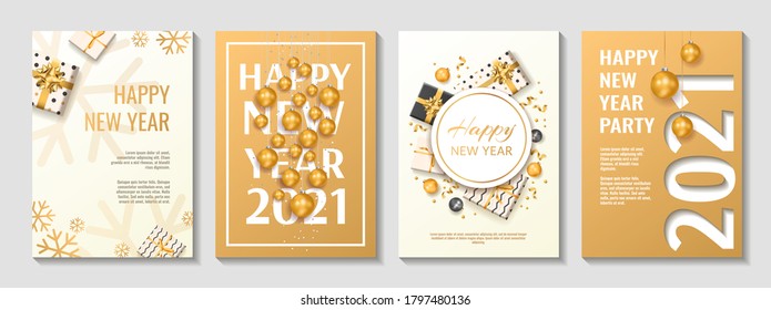 Set of Flyer, poster, banner, brochure design templates for Happy new year 2021. White and gold collors. Christmas balls, snowflakes, gift boxes. Perfect for invitation, card.