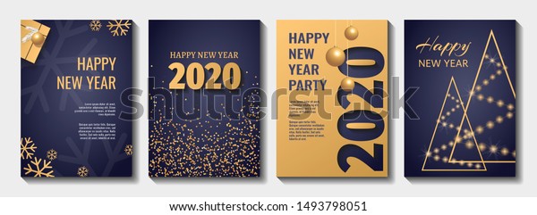Set of Flyer, poster, banner, brochure design templates for Happy new year 2020. Blue and gold collors. Christmas balls, abstract christmas tree, snowflakes, gift box. Perfect for invitation, card.