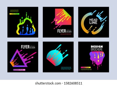Set of flyer and poster template with splash, different liquid flat shape. Paint dripping with blobs from the splash square, triangle and circle on black background with text, vector illustration.