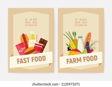 Conjunto de plantillas de volante o afiches para granjas y productos de comida rápida decorados con frutas, verduras, aperitivos, bebidas y productos diarios. Ilustración plana vectorial coloreada para promoción, publicidad