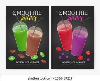 Set of flyer or poster templates for smoothie tasting party with delicious fresh fruit, berry and chocolate drinks in plastic glasses with lids and straws. Vector illustration for event promotion.