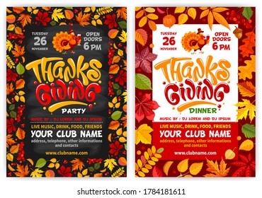 Set of flyer or poster vector templates for Thanksgiving. Black chalkboard and red background with autumn leaves frame. Cheerful turkey, calligraphic inscription Thanksgiving and space for your text