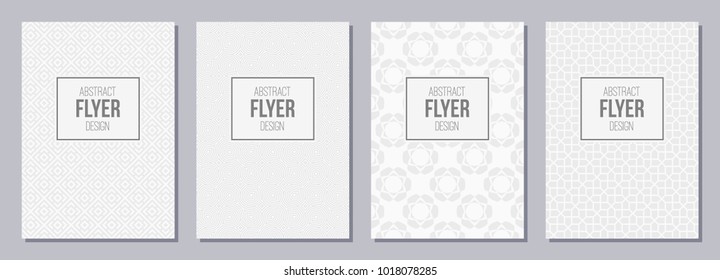 Set of flyer, posters, banners, placards, brochure design templates A6 size. Graphic design templates for logo, labels and badges. White and gray geometric textures. Abstract geometric backgrounds.