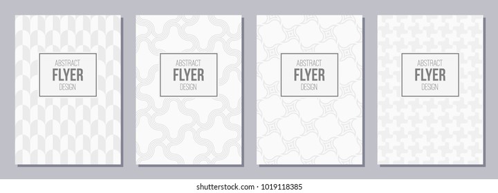 Set of flyer, posters, banners, placards, brochure design templates A6 size. Graphic design templates for logo, labels and badges. White and gray geometric textures. Abstract geometric backgrounds.