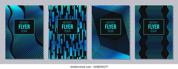 Set of flyer, posters, banners, placards, brochure design templates A6 size. Stripes, waves in blue, turquoise colors. Graphic design templates. Abstract geometric color backgrounds.