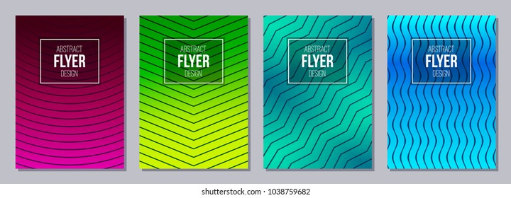 Set of flyer, posters, banners, placards, brochure design templates A6 size. Minimalistic graphic design templates with lines, stripes. Abstract geometric bright colorful vector backgrounds.