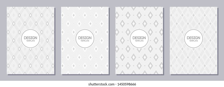 Set of flyer, posters, banners, placards, brochure design templates A6 size. Graphic design templates for logo, labels and badges. White and gray geometric textures. Abstract rhombuses backgrounds.