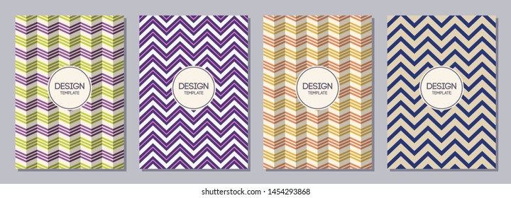 Set of flyer, posters, banners, placards, brochure design templates A6 size. Graphic design templates. Zigzag color lines. Colorful chevron stylized patterns. Abstract geometric backgrounds.