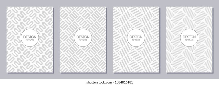 Set of flyer, posters, banners, placards, brochure design templates A6 size with zigzag ornaments. Graphic design templates. White and gray geometric textures. Abstract vector backgrounds.