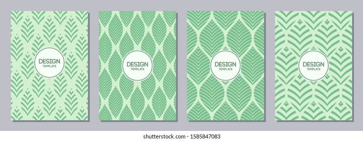 Set of flyer, posters, banners, placards, brochure design templates A6 size. Graphic design templates. Geometric textures made of leaves. Geen color. Abstract vector color floral backgrounds.