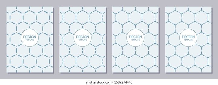 Set of flyer, posters, banners, placards, brochure design templates A6 size. Graphic design templates. Geometric textures made of striped hexagons. Blue color. Abstract vector colorl backgrounds.