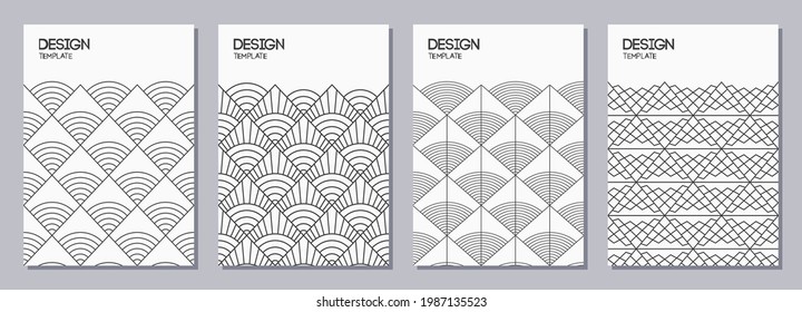 Set of flyer, posters, banners, placards, brochure design templates A6 size. Art deco monochrome patterns. Graphic design templates for greeting, invitation cards. Geometric vector backgrounds.