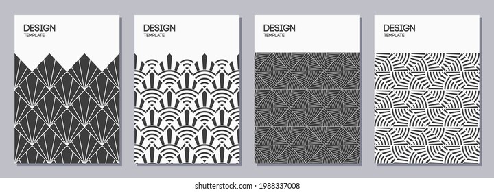Set of flyer, posters, banners, placards, brochure design templates A6 size. Art deco monochrome patterns. Graphic design templates for greeting, invitation cards. Geometric vector backgrounds.