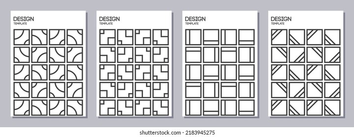 Conjunto de volantes, carteles, carteles, carteles, plantillas de diseño de folletos tamaño A6 con formas geométricas simples. Plantillas de diseño gráfico. Texturas geométricas. Resumen de fondos monocromáticos vectoriales.